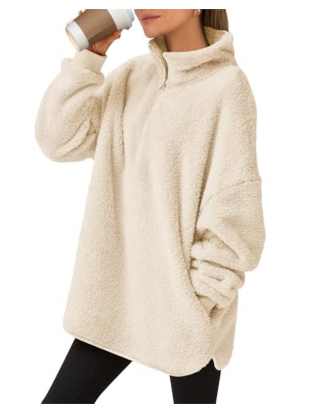 Womens Oversized Sherpa Fuzzy Fleece Half Zip Hoodie Sweatshirt